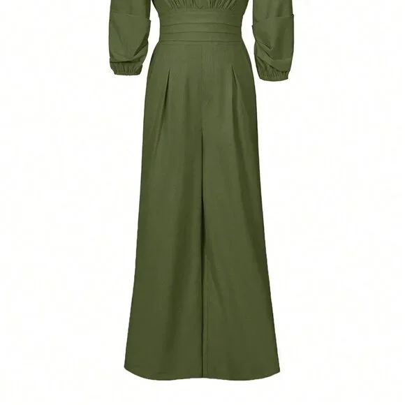 Army Green Elegant Women's Casual Solid Color Lantern Sleeve Jumpsuit